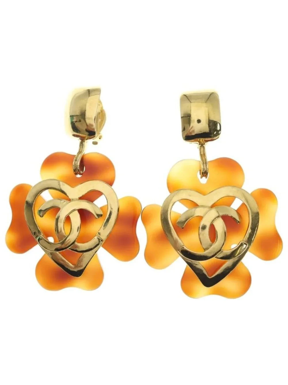 Chanel Coco Heart Earrings Gold Brown Pattern